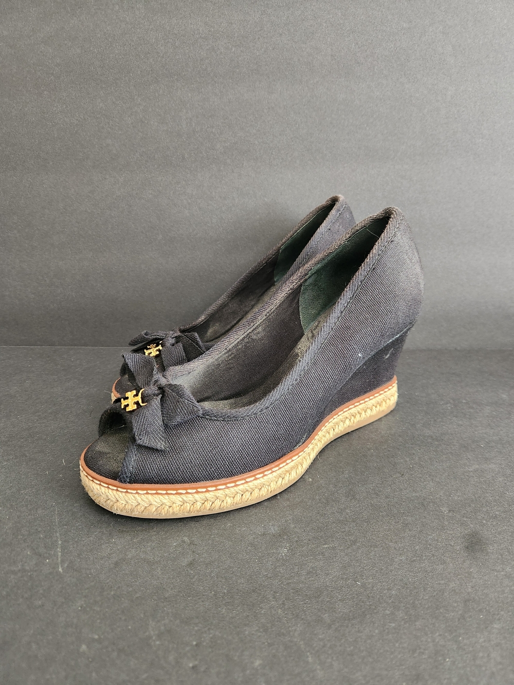 Tory Burch Black Canvas Bow Gold Reva Platform Espadrille Wedges Size 6.5M